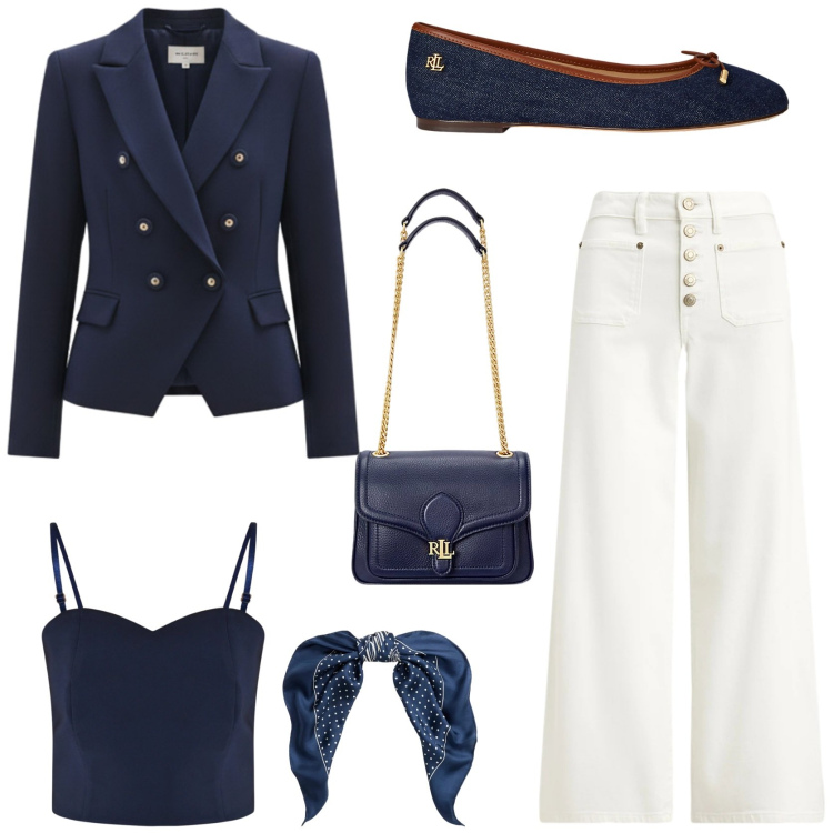 Outfit donna - Old Money denim edition. Stile Casual chic per Tutti i giorni. Abbinamento con top, blazer, borse a spalla, ballerine, jeans, foulard.