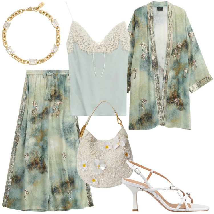 Outfit donna - Lo stile che si adatta a molte occasioni. Stile Glamour per Tutti i giorni. Abbinamento con sandali in pelle, pantaloni a palazzo, blazer, top, pochette, braccialetti.