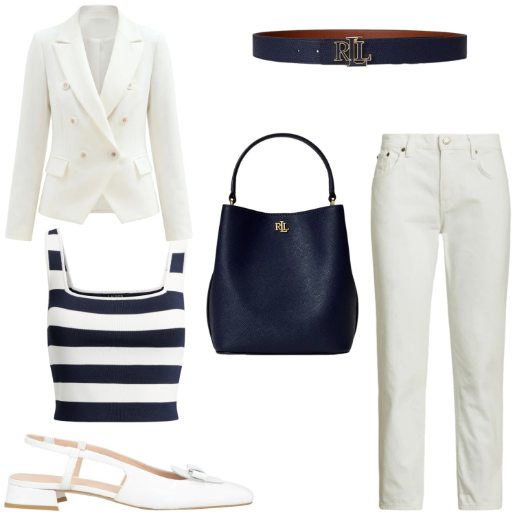 Outfit donna - Look mariniere. Stile Chic per Tutti i giorni. Abbinamento con ballerine, blazer, borse a secchiello, cinture, top, jeans.