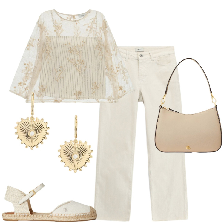Outfit donna - La blusa ricamate. Stile Romantica per Tutti i giorni. Abbinamento con top, pantaloni, borse a spalla, orecchini, espadrillas.