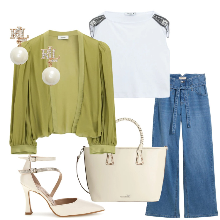 Outfit donna - Total look #2392481. Stile Casual chic per Serata fuori. Abbinamento con jeans, top, shopping bag, blazer, orecchini, décolleté.