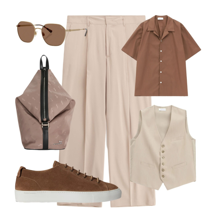 Outfit uomo - Linee morbide. Stile Urban per Tutti i giorni. Abbinamento con pantaloni, camicie a manica corta, gilet, borse sportive, occhiali da sole, sneakers.