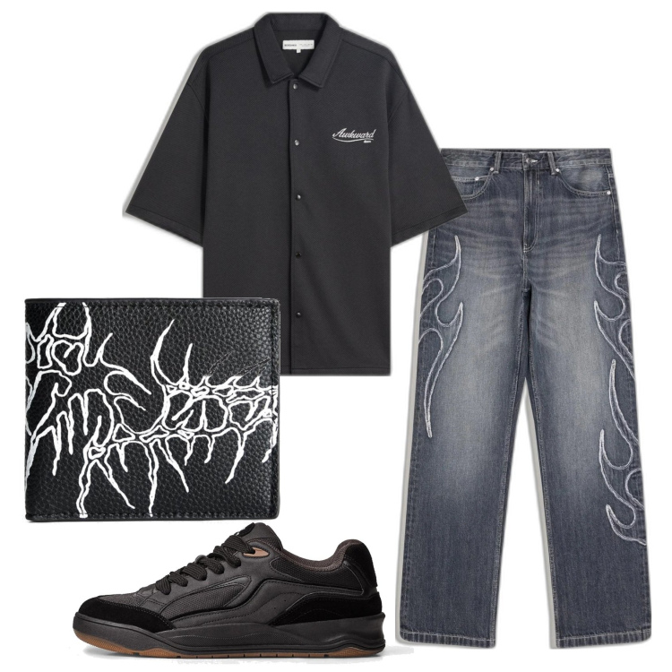 Outfit hombre - Trendy look. Estilo Trendy para Todos los días. Combinación con camisas de manga corta, sneakers, carteras, vaqueros.