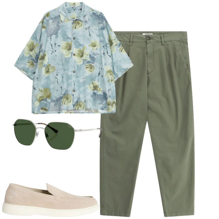 Outfit uomo - Total look #2392497. Stile Trendy per Tutti i giorni. Abbinamento con scarpe stringate, pantaloni, camicie a manica corta, occhiali da sole.