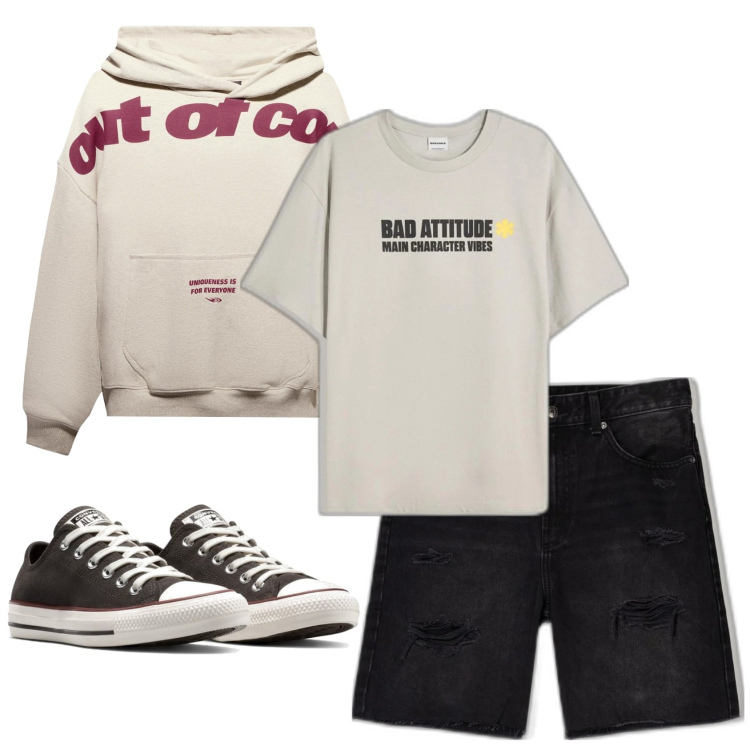 Outfit hombre - Casual. Estilo Casual para Todos los días. Combinación con bermudas, camiseta, sneakers, sudaderas con capucha.
