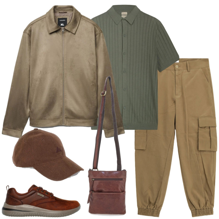 Outfit uomo - In viaggio. Stile Trendy per Tutti i giorni. Abbinamento con giacche, pantaloni cargo, portafogli, scarpe stringate, cappelli con visiera, polo.