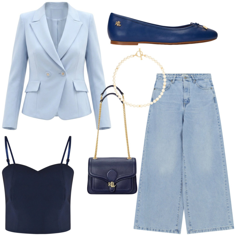 Outfit donna - Accendi il look. Stile Chic per Tutti i giorni. Abbinamento con top, blazer, jeans, ballerine, borse a spalla, collane.