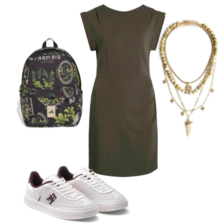 Outfit mujer - Casual. Estilo Casual para Todos los días. Combinación con sneakers, colgantes, vestidos largos, mochilas.