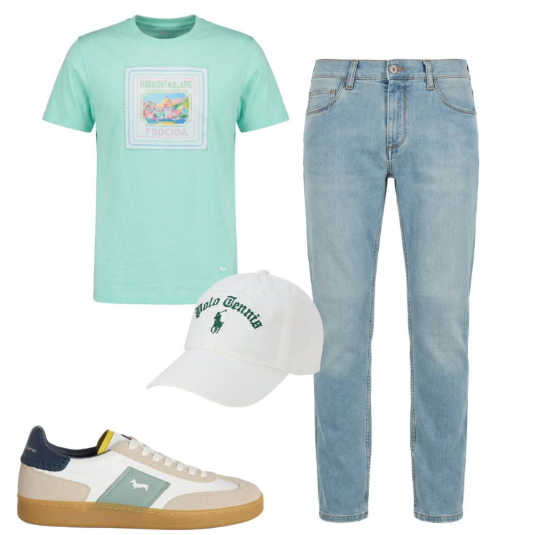 Outfit uomo - Summer. Stile Casual per Tutti i giorni. Abbinamento con jeans slim fit, t-shirt, sneakers, cappelli con visiera.