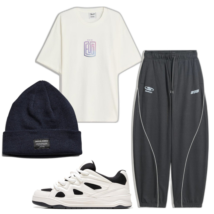 Outfit hombre - Casual look. Estilo Casual para Todos los días. Combinación con gorros, sneakers, camiseta, pantalones.