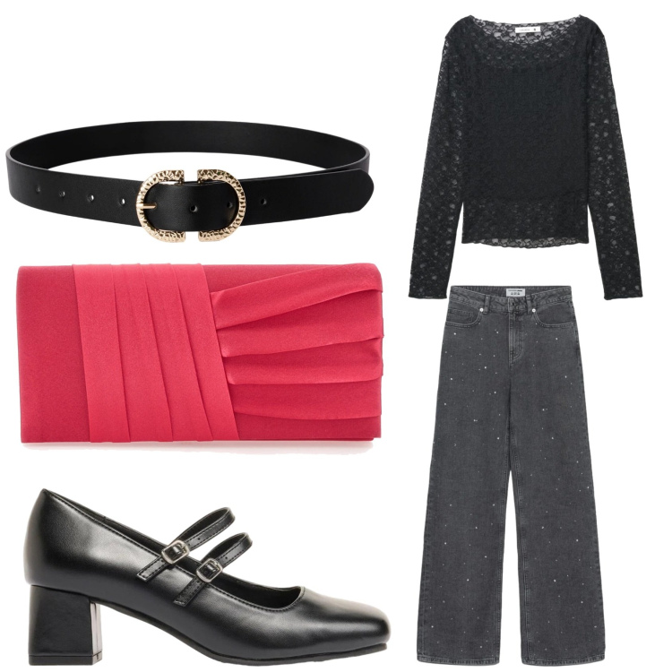 Outfit donna - Denim di sera. Stile Rock per Serata fuori. Abbinamento con décolleté, cinture, jeans dritti, t-shirt, pochette.