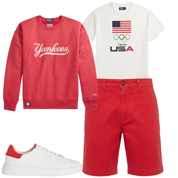 Outfit uomo - Red. Stile Urban per Tutti i giorni. Abbinamento con sneakers, bermuda, t-shirt, felpe.