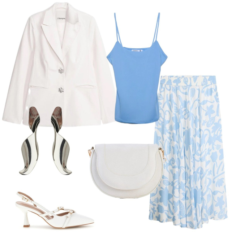 Outfit donna - Total look #2392516. Stile Chic per Tutti i giorni. Abbinamento con borse a tracolla, blazer, gonne lunghe, canottiere, orecchini, décolleté.