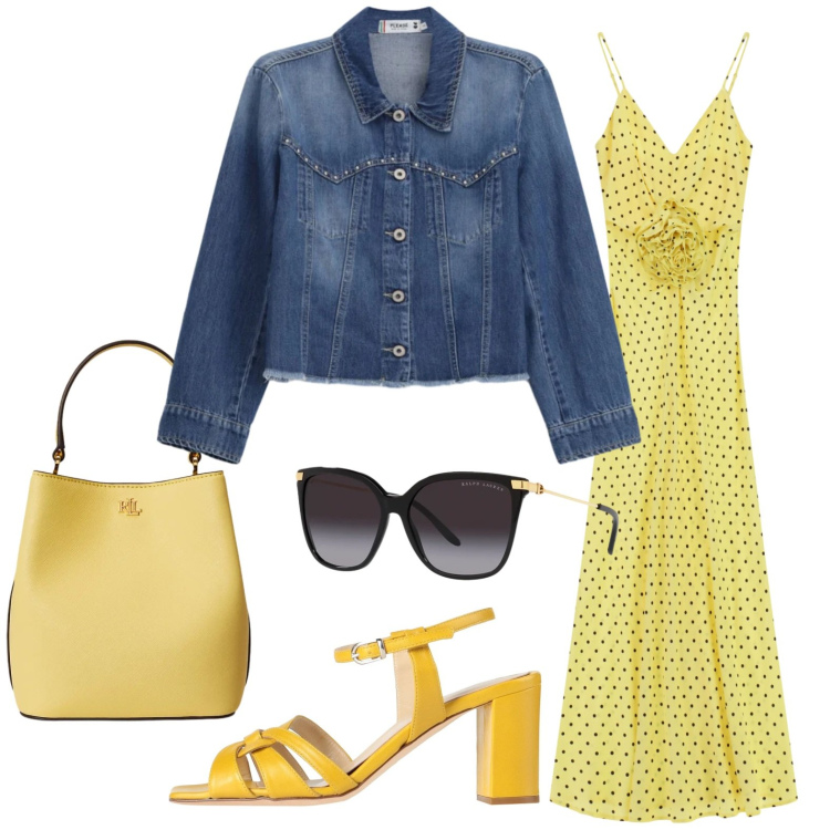 Outfit donna - Dimmi giallo, dimmi pois. Stile Trendy per Tutti i giorni. Abbinamento con sandali in pelle, blazer, vestiti lunghi, occhiali da sole, borse a secchiello.