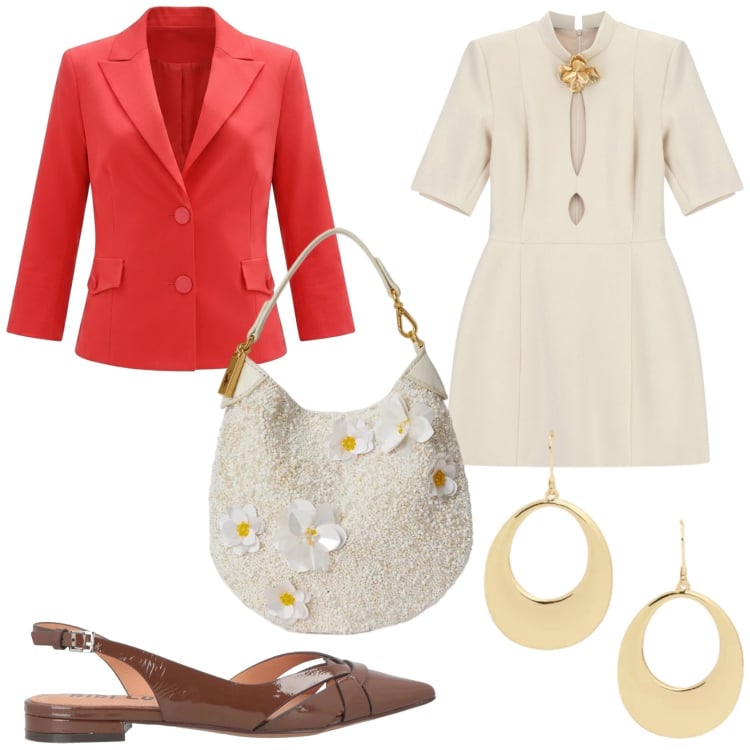 Outfit donna - Vestito corto e ballerine. Stile Bon Ton per Tutti i giorni. Abbinamento con ballerine, vestiti corti, blazer, pochette, orecchini.