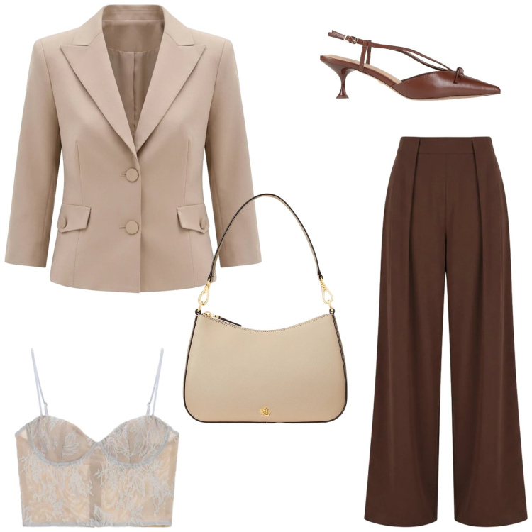 Outfit donna - Il blazer primaverile. Stile Chic per Tutti i giorni. Abbinamento con décolleté, canottiere, pantaloni a palazzo, blazer, borse a spalla.