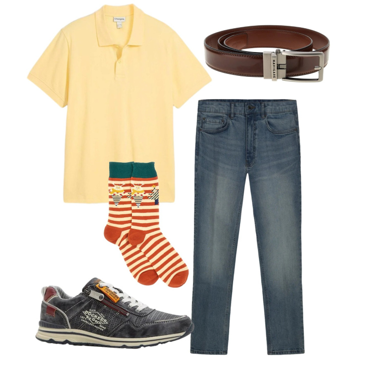 Outfit uomo - Ocra time. Stile Casual per Tutti i giorni. Abbinamento con sneakers, polo, cinture, jeans, calzini.