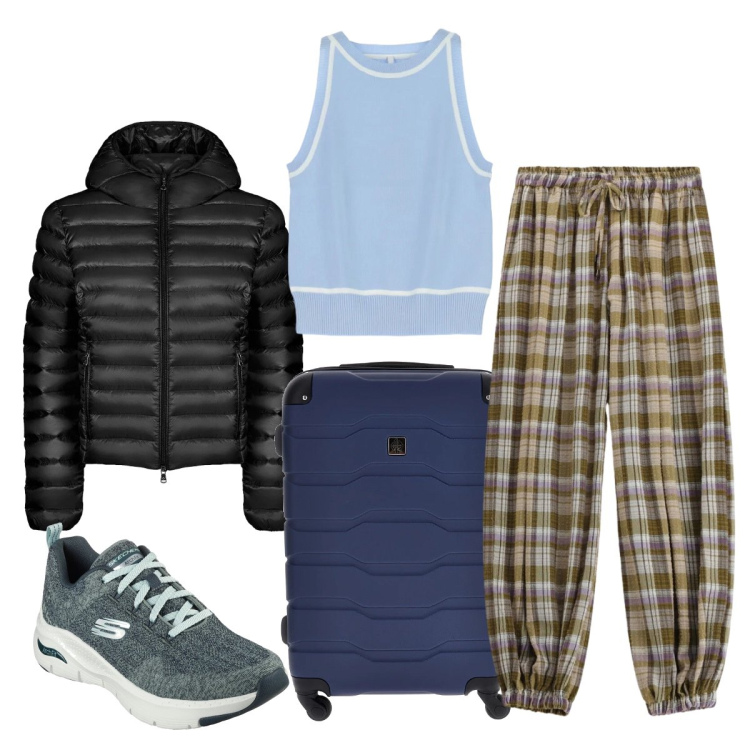 Outfit donna - Week end NON in città. Stile Urban per Tutti i giorni. Abbinamento con top, pantaloni, bomber, sneakers, valigie.