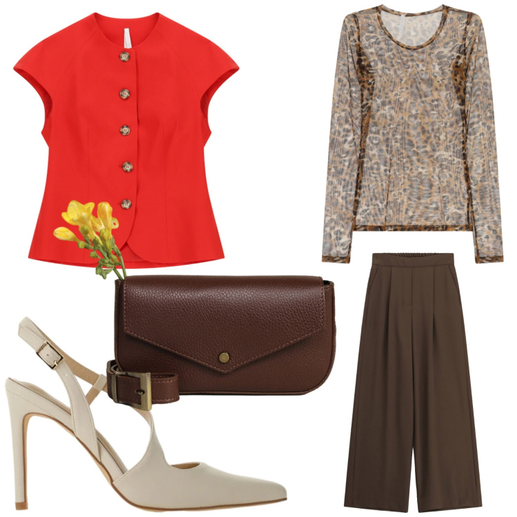 Outfit donna - Il blazer smanicato. Stile Casual chic per Tutti i giorni. Abbinamento con décolleté, t-shirt, blazer, borse a tracolla, pantaloni a palazzo.