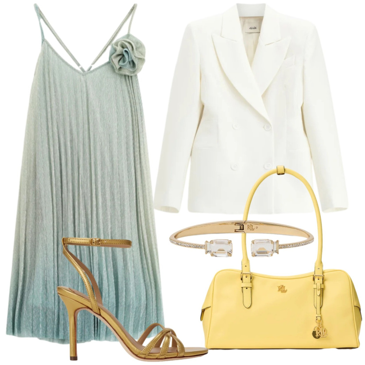 Outfit donna - Total look #2392523. Stile Glamour per Cerimonia. Abbinamento con vestiti corti, blazer, braccialetti, sandali in pelle, borse a mano.