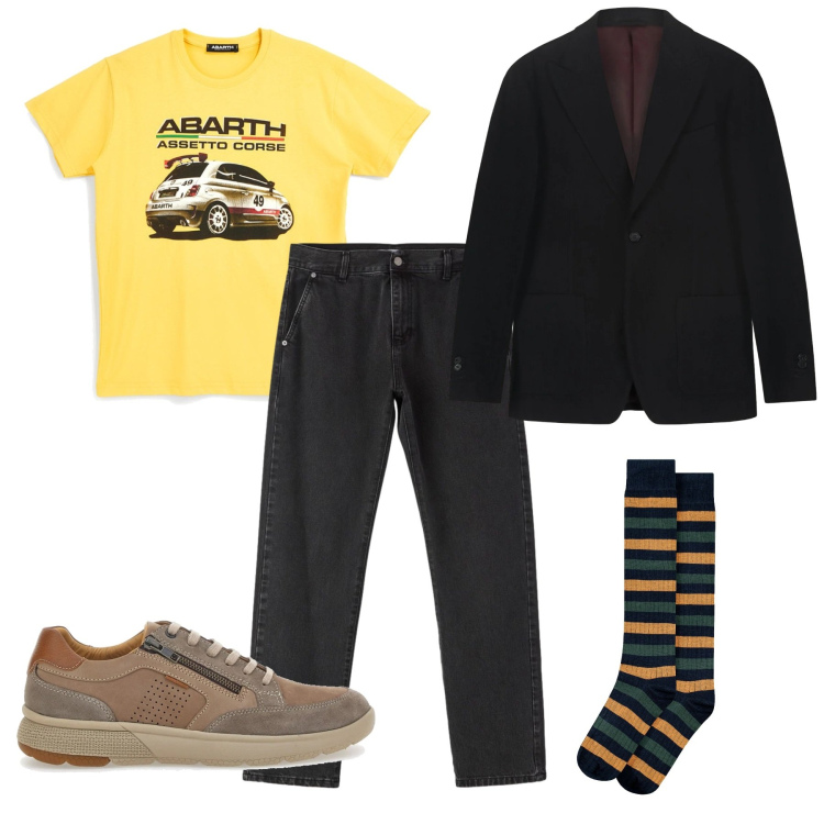 Outfit uomo - Tshirt. Stile Casual per Tutti i giorni. Abbinamento con jeans dritti, scarpe stringate, calzini, giacche, t-shirt.
