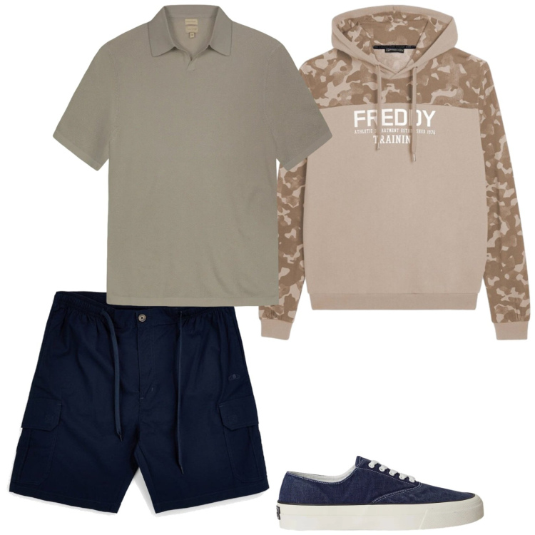 Outfit uomo - Total look #2392528. Stile Casual per Tutti i giorni. Abbinamento con felpe con cappuccio, sneakers, polo, shorts.