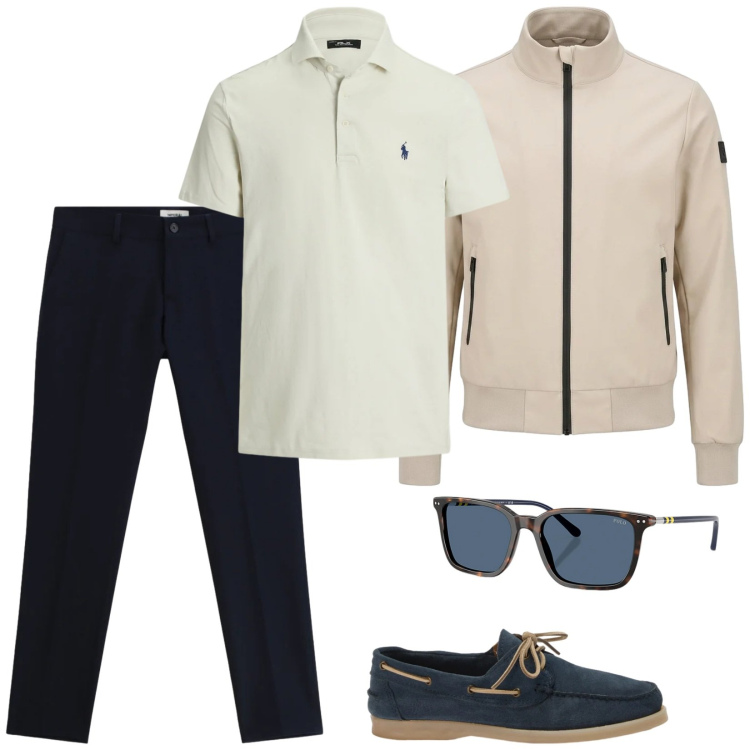Outfit uomo - Look pulito per qualsiasi situazione. Stile Casual per Tutti i giorni. Abbinamento con scarpe stringate, pantaloni, bomber, occhiali da sole, polo.