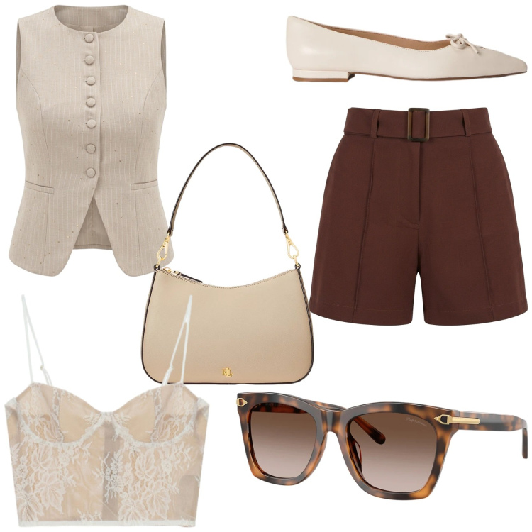 Outfit donna - Primo weekend al mare. Stile Chic per Tutti i giorni. Abbinamento con canottiere, gilet, shorts, borse a spalla, occhiali da sole, ballerine.