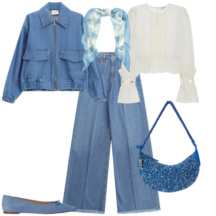 Outfit donna - Casual chic ogni giorno. Stile Casual chic per Tutti i giorni. Abbinamento con jeans, blazer, bluse, ballerine, foulard, borse a spalla.