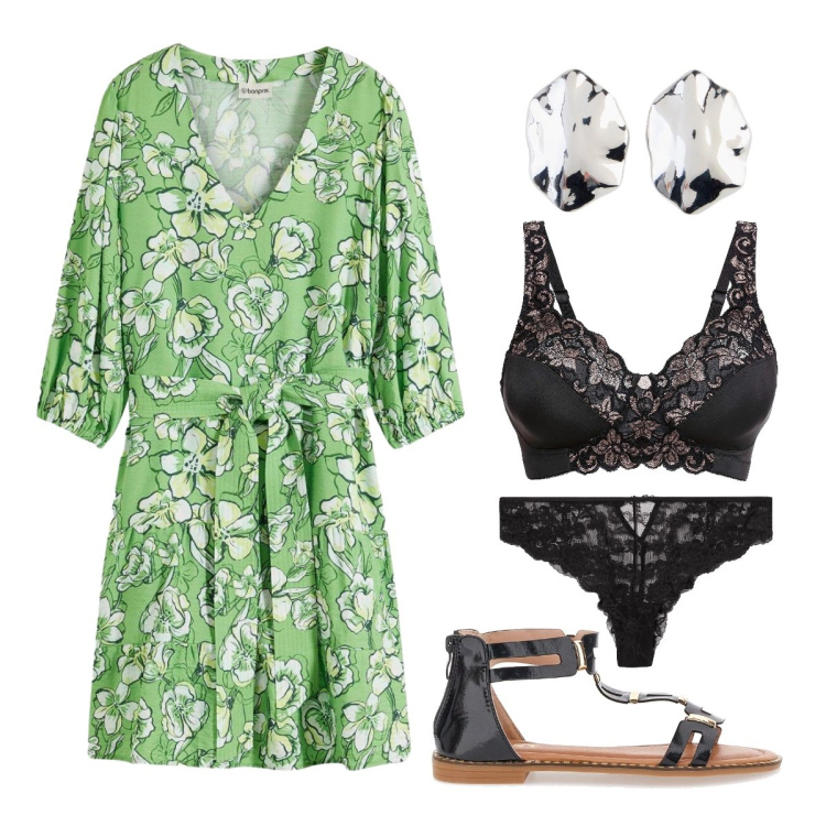 Outfit donna - Boho spring. Stile Boho per Tutti i giorni. Abbinamento con vestiti, reggiseni, orecchini, culotte, sandali.