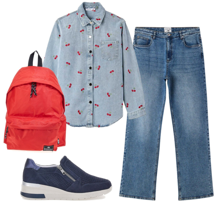 Outfit donna - Total look #2392545. Stile Casual per Tutti i giorni. Abbinamento con jeans dritti, camicie, sneakers, zaini.