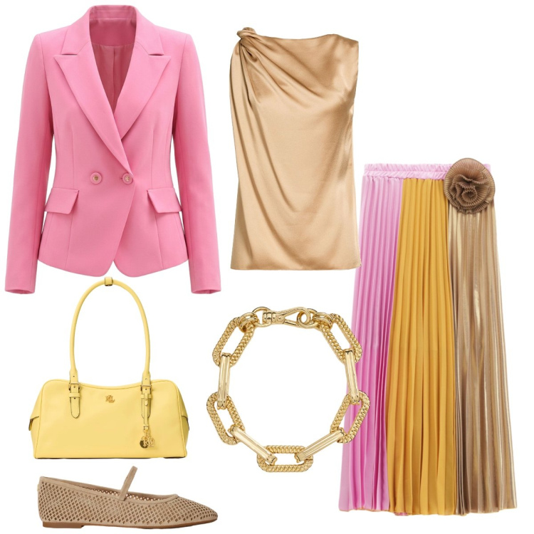 Outfit donna - Total look #2392550. Stile Chic per Cerimonia. Abbinamento con top, blazer, gonne lunghe, braccialetti, borse a mano, ballerine.