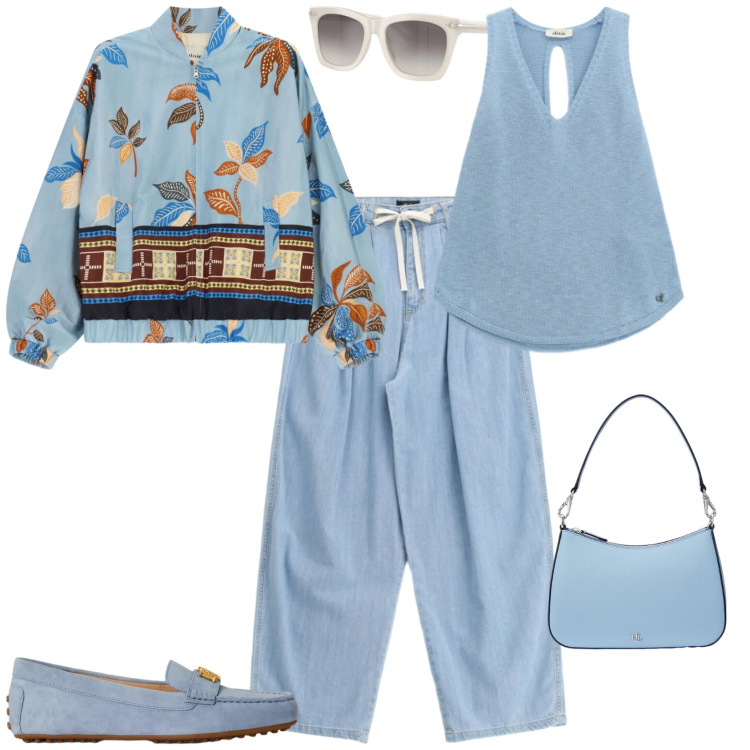 Outfit donna - Casual chic ogni giorno. Stile Casual chic per Tutti i giorni. Abbinamento con jeans, top, bomber, borse a spalla, occhiali da sole, mocassini.