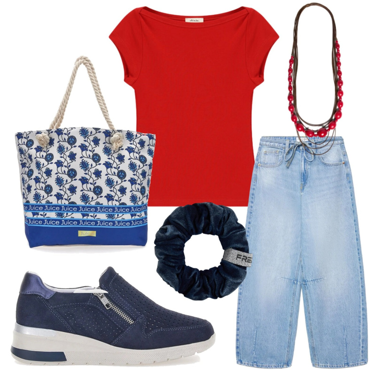 Outfit donna - Borsa stilosa. Stile Basic per Tutti i giorni. Abbinamento con jeans, collane, top, accessori per capelli, sneakers, shopping bag.