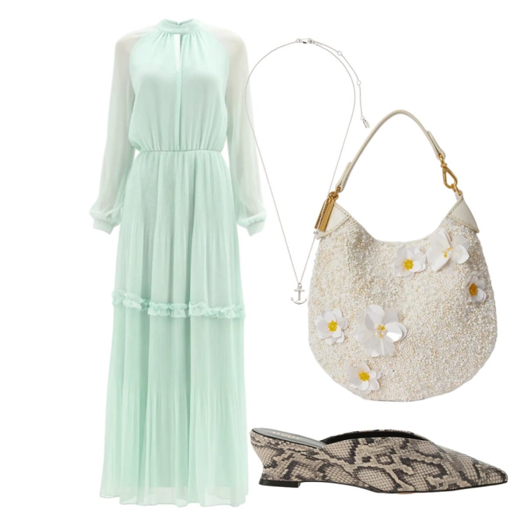 Outfit donna - Serata alla Scala. Stile Romantica per Serata fuori. Abbinamento con vestiti lunghi, sabot, pochette, ciondoli.