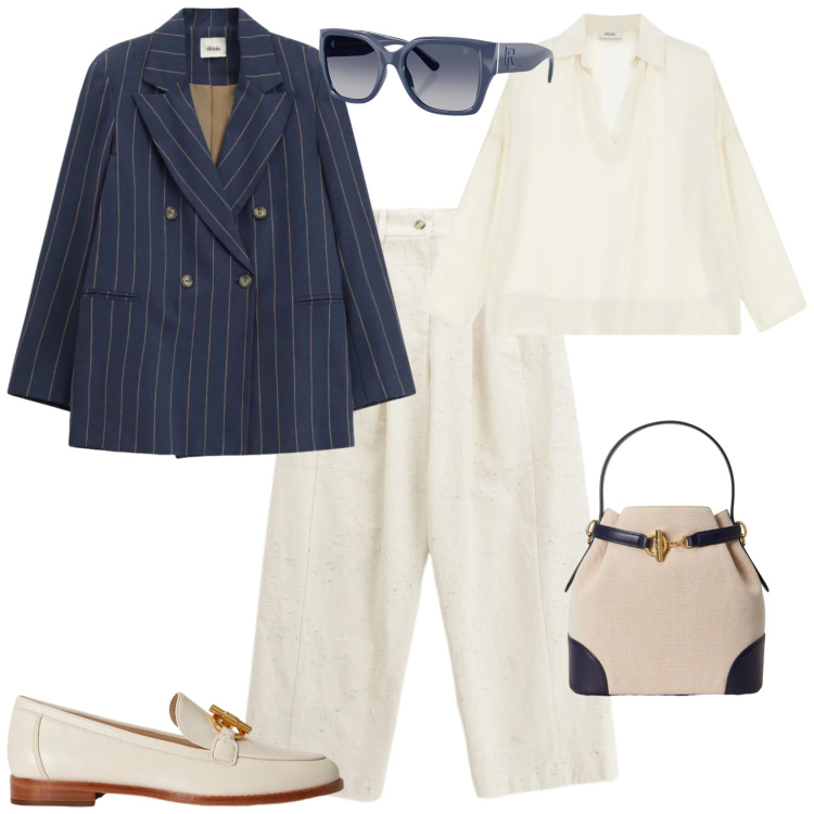 Outfit donna - Mannish ufficio tempo libero. Stile Mannish per Ufficio. Abbinamento con blazer, pantaloni a palazzo, camicie, occhiali da sole, borse a secchiello, mocassini.