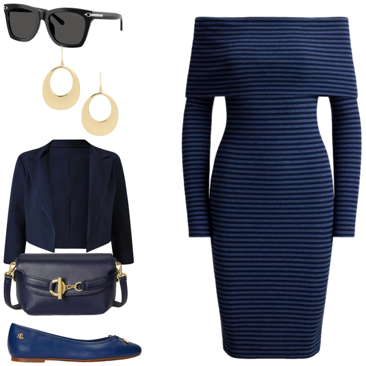 Outfit donna - Blu Notte. Stile Bon Ton per Cerimonia. Abbinamento con bolero, ballerine, occhiali da sole, borse a tracolla, vestiti a tubino, orecchini.
