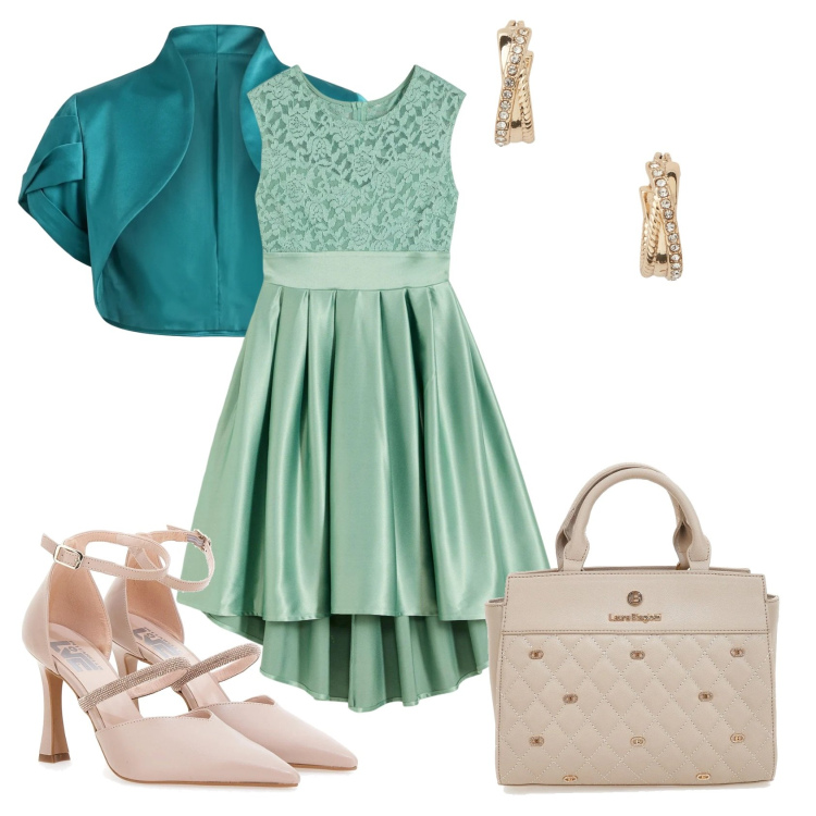 Outfit donna - Easy and chic per cerimonia di giorno. Stile Chic per Cerimonia. Abbinamento con vestiti asimmetrici, bolero, orecchini, décolleté, borse a mano.
