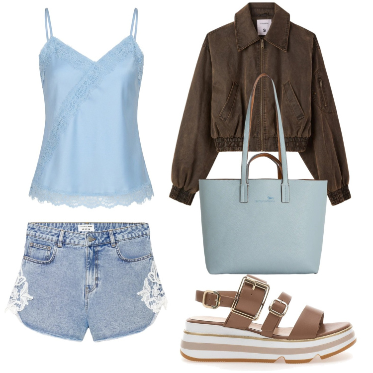 Outfit donna - Shorts mini. Stile Basic per Tutti i giorni. Abbinamento con shorts, bomber, shopping bag, top, sandali.