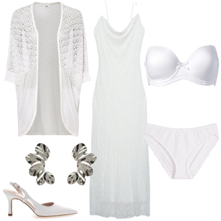 Outfit donna - Sposa di maggio. Stile Romantica per Cerimonia. Abbinamento con reggiseni, cardigans, culotte, vestiti lunghi, orecchini, décolleté.