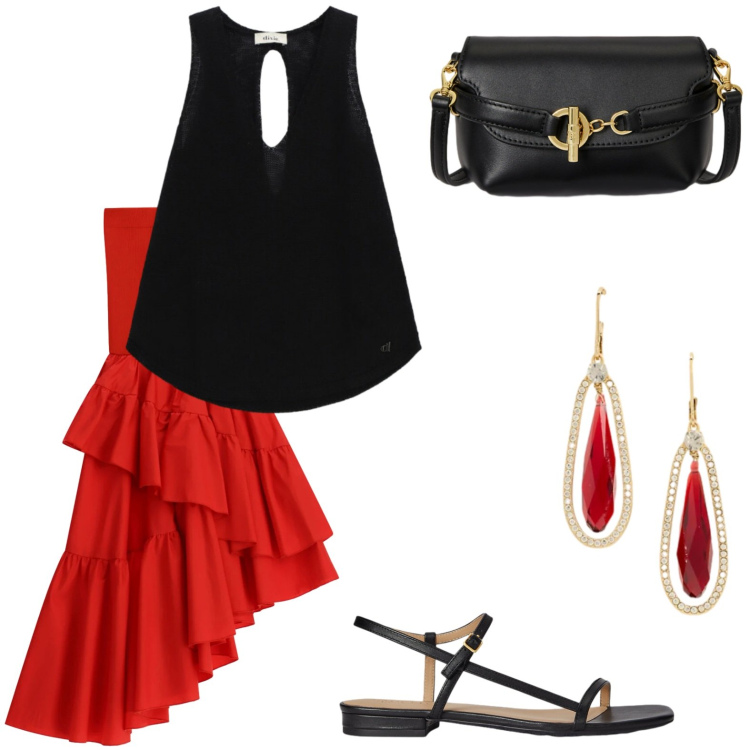 Outfit donna - Gonna con balze. Stile Glamour per Tutti i giorni. Abbinamento con gonne lunghe, top, borse a tracolla, orecchini, sandali in pelle.