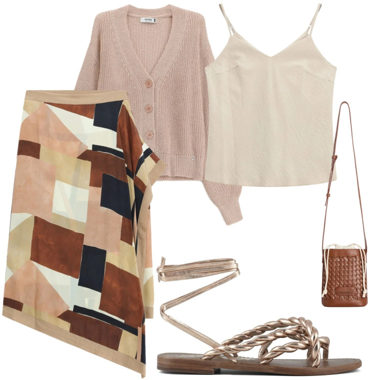 Outfit donna - Gonna asimmetrica. Stile Casual per Tutti i giorni. Abbinamento con borse a secchiello, cardigans, canottiere, gonne longuette, sandali in pelle.