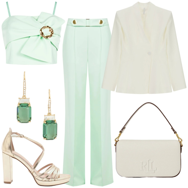 Outfit donna - Total look #2392572. Stile Chic per Cerimonia. Abbinamento con blazer, sandali col tacco, top, pantaloni, borse a spalla, orecchini.