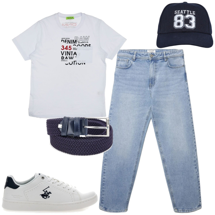 Outfit uomo - Maggio. Stile Casual per Tutti i giorni. Abbinamento con cappelli, jeans, t-shirt, cinture, sneakers.