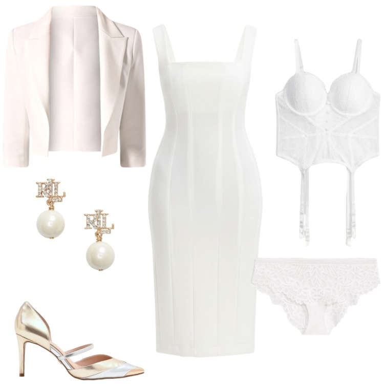Outfit donna - Sposa di maggio. Stile Chic per Cerimonia. Abbinamento con culotte, body, blazer, décolleté, vestiti midi/longuette, orecchini.