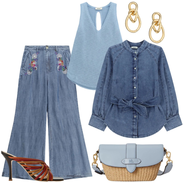 Outfit donna - Casual con un tocco boho. Stile Boho per Tutti i giorni. Abbinamento con pantaloni a palazzo, camicie, top, sandali, orecchini, borse a spalla.