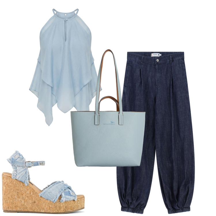 Outfit donna - Maggio. Stile Casual chic per Tutti i giorni. Abbinamento con shopping bag, jeans, canottiere, zeppe.
