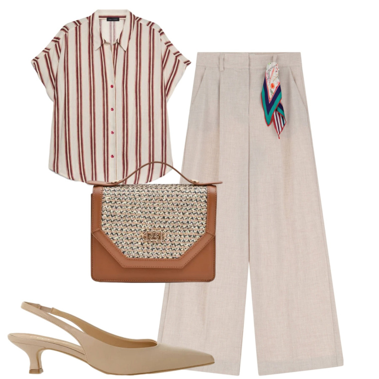 Outfit donna - Total look #2392581. Stile Trendy per Tutti i giorni. Abbinamento con camicie a manica corta, pochette, pantaloni, décolleté.