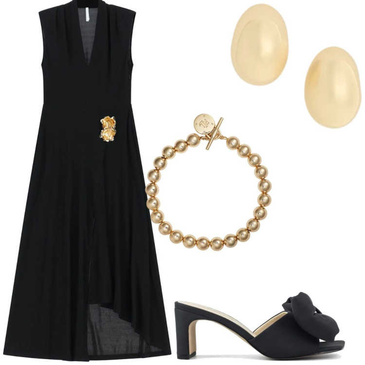Outfit donna - Il Potere degli Accessori Gold. Stile Glamour per Serata fuori. Abbinamento con vestiti midi/longuette, braccialetti, orecchini, sandali col tacco.