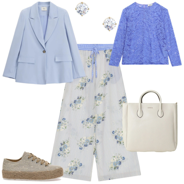 Outfit donna - Romantica ogni giorno. Stile Romantica per Tutti i giorni. Abbinamento con borse a tracolla, blazer, pantaloni a palazzo, bluse, orecchini, espadrillas.